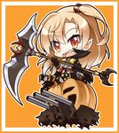  :d azur_lane black_gloves bow bowtie brown_eyes cape chibi cleveland_(azur_lane) commentary_request devil_fever_(azur_lane) gloves halloween holding jack-o'-lantern light_brown_hair long_hair looking_at_viewer machinery mismatched_legwear one_side_up open_mouth scythe shachoo. short_shorts shorts smile solo thighhighs turret 