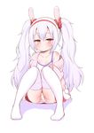  animal_ears arm_support azur_lane bangs bare_shoulders blush bunny_ears camisole closed_mouth collarbone commentary_request eyebrows_visible_through_hair full_body hair_between_eyes hair_ornament hair_scrunchie hairband jacket laffey_(azur_lane) long_hair long_sleeves looking_at_viewer no_shoes off_shoulder open_clothes open_jacket panties pantyshot pantyshot_(sitting) pink_jacket purple_hair red_eyes red_hairband red_scrunchie red_skirt scrunchie shiny shiny_skin simple_background sitting skirt solo striped striped_panties thighhighs twintails underwear very_long_hair white_background white_camisole white_legwear youta_(asatsukidou) 
