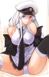  azur_lane bare_shoulders breasts enterprise_(azur_lane) eyebrows_visible_through_hair eyes_visible_through_hair hat highres large_breasts long_hair looking_at_viewer miniskirt necktie panties parted_lips purple_eyes skirt solo spread_legs tetsu_(kimuchi) thighhighs underwear white_hair white_panties 