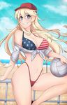  alina_pegova american_flag_bikini baseball_cap beach bikini blonde_hair breasts cloud day error flag_print grin hat highleg highleg_bikini iowa_(kantai_collection) kantai_collection large_breasts leg_up light_rays long_hair navel off_shoulder outdoors purple_eyes railing shirt sitting sky smile solo star star-shaped_pupils swimsuit symbol-shaped_pupils tied_shirt volleyball volleyball_net white_shirt wind 