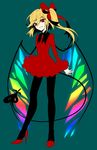  :3 black_legwear blonde_hair closed_mouth commentary_request dress fang_out flandre_scarlet flat_color full_body hair_between_eyes hair_ribbon high_heels highres kuronohana laevatein_(tail) long_hair long_sleeves pantyhose red_dress red_eyes red_footwear red_ribbon ribbon short_dress side_ponytail simple_background smile solo standing tail touhou wings 