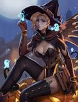  alternate_costume arm_at_side arm_up black_hat black_legwear blonde_hair blue_eyes bracelet breasts brown_gloves cape closed_eyes commentary elbow_gloves ghost gloves gold halloween halloween_costume hat highres jack-o'-lantern jewelry large_breasts lips looking_at_viewer magic md5_mismatch mercy_(overwatch) nose on_pumpkin overwatch pumpkin red_lips short_hair sitting solo thighhighs witch witch_hat witch_mercy z_boo 
