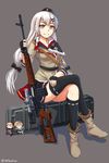  aiguillette asymmetrical_legwear black_gloves black_hat black_skirt brown_footwear brown_shirt capelet case character_doll character_name commentary_request crossed_legs doll dragunov_svd fingerless_gloves girls_frontline gloves grey_background gun hair_ornament hair_ribbon hairclip hand_on_thigh hat highres holding holding_gun holding_weapon long_hair low-tied_long_hair low_twintails multiple_girls ndtwofives pleated_skirt ribbon rifle scope scw_(girls_frontline) shirt silver_eyes silver_hair sitting sitting_on_object skirt smile sniper_rifle sv-98_(girls_frontline) svd_(girls_frontline) thighhighs twintails twitter_username weapon 