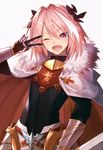  ;d androgynous astolfo_(fate) black_bow black_ribbon bow braid commentary_request fang fate/apocrypha fate_(series) hair_intakes hair_ribbon male_focus multicolored_hair one_eye_closed open_mouth otoko_no_ko pink_hair purple_eyes ribbon single_braid smile streaked_hair teko v_over_eye 