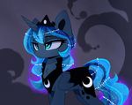  2017 black_feathers blue_eyes blue_fur cosmic_hair digital_media_(artwork) equine eyelashes feathers female feral friendship_is_magic fur hi_res horn magnaluna mammal my_little_pony princess_luna_(mlp) simple_background solo standing winged_unicorn wings 