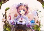  :d atelier_(series) atelier_rorona bangs belt blunt_bangs blush breasts brown_hair bug butterfly cape chameleon chemistry cleavage compass_(instrument) corset erlenmeyer_flask eyebrows_visible_through_hair flower frills hat hat_feather head_tilt holding insect jurrig leaf long_hair long_sleeves looking_at_viewer medium_breasts open_mouth pencil pink_hat polka_dot polka_dot_background revision rororina_fryxell smile solo test_tube white_cape 