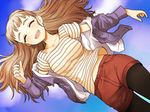  :d ^_^ bangs black_legwear blue_jacket blurry blush braided_bun breasts brown_hair closed_eyes cloud collarbone day dot_nose dutch_angle eyebrows facing_viewer hair_bun idolmaster idolmaster_cinderella_girls jacket kamiya_nao large_breasts long_hair midriff_peek off_shoulder open_mouth outdoors outstretched_arm pantyhose red_shorts sakaki_imasato shirt short_sleeves shorts sky smile solo striped striped_shirt teeth very_long_hair wind yellow_shirt 