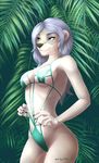  2017 anthro breasts clothed clothing detailed_background digital_media_(artwork) eyebrows female grey_eyes grey_hair hair mammal mustelid one-piece_swimsuit otter p-v-s pale_eyes skimpy smile solo swimsuit wide_hips 