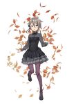  ange_(princess_principal) autumn_leaves black_footwear black_skirt blue_eyes braid full_body grey_hair highres looking_at_viewer makaria official_art pantyhose princess_principal princess_principal_game_of_mission shoes short_hair skirt solo standing standing_on_one_leg striped striped_legwear transparent_background vertical-striped_legwear vertical_stripes 