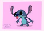  2014 4_fingers 4_toes alien back_markings black_eyes blue_claws blue_fur blue_nose border chest_tuft claws digital_drawing_(artwork) digital_media_(artwork) disney experiment_(species) fur head_tuft hi_res lilo_and_stitch markings moon-manunit-42 notched_ear pink_background pink_border signature simple_background small_tail solo standing stitch toe_claws toes tongue tongue_out toony tuft 