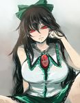  bare_shoulders bow breasts commentary_request ginji_(sakaki_summer) green_bow green_skirt hair_between_eyes hair_bow large_breasts long_hair looking_at_viewer red_eyes reiuji_utsuho skirt solo sweat touhou 