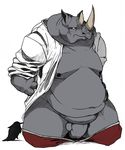  anthro clothed clothing flaccid horn humanoid_penis kneeling looking_at_viewer male mammal nipples overweight partially_clothed penis rhinoceros simple_background solo stu-the-aggron sturaptor 
