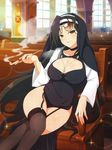  1girl black_hair breasts brown_eyes cleavage jasmine_(senran_kagura) large_breasts long_hair looking_at_viewer nun parted_lips senran_kagura sitting smile solo thighhighs very_long_hair 