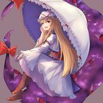  blonde_hair boots brown_footwear commentary_request dress fen_zuo gap grey_background hat hat_ribbon highres juliet_sleeves long_hair long_sleeves looking_at_viewer mob_cap open_mouth puffy_sleeves purple_eyes red_ribbon ribbon sitting solo tabard touhou umbrella very_long_hair white_dress wide_sleeves yakumo_yukari 