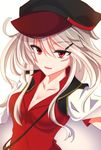  breasts facial_scar fathom gangut_(kantai_collection) grey_hair hair_between_eyes hair_ornament hairclip hat highres jacket jacket_on_shoulders kantai_collection large_breasts long_hair looking_at_viewer military military_hat military_uniform naval_uniform open_clothes open_mouth peaked_cap red_eyes red_shirt remodel_(kantai_collection) scar scar_on_cheek shirt short_sleeves solo uniform upper_body white_background 