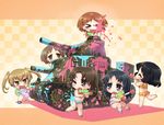  &gt;_&lt; bikini black_eyes black_hair blonde_hair blush_stickers brown_eyes brown_hair caterpillar_tracks checkered checkered_background chibi closed_eyes fang girls_und_panzer glasses ground_vehicle leg_up m3_lee maruyama_saki midriff military military_vehicle motor_vehicle multiple_girls navel one_eye_closed oono_aya open_mouth paint paint_gun paint_splatter sakaguchi_karina sandals sankuma sawa_azusa swimsuit tank twintails utsugi_yuuki yamagou_ayumi 