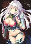  alternate_breast_size alternate_hair_length alternate_hairstyle bandaged_arm bandages bare_shoulders black_panties blush breasts cleavage commentary_request fate/apocrypha fate_(series) gloves green_eyes jack_the_ripper_(fate/apocrypha) large_breasts long_hair looking_at_viewer navel older panties scar silver_hair smile solo underwear weapon xi_zhujia_de_rbq 