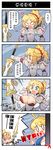  4koma ahoge alternate_breast_size armor artoria_pendragon_(all) blonde_hair blouse braid breast_expansion breastplate breasts broken_armor bursting_breasts chinese comic fate/apocrypha fate/stay_night fate_(series) french_braid full_armor gauntlets green_eyes highres holding holding_weapon lance large_breasts mordred_(fate) mordred_(fate)_(all) mother_and_daughter multiple_girls pauldrons polearm ponytail red_scrunchie saber scrunchie translated weapon xin_yu_hua_yin 