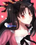  black_hair blush breasts cleavage close-up closed_mouth eyebrows_visible_through_hair fate/grand_order fate_(series) fur_trim highres ishtar_(fate/grand_order) jacket long_hair looking_at_viewer medium_breasts open_clothes open_jacket pink_background pink_jacket red_eyes shirt simple_background smile solo tanaji twitter_username two_side_up upper_body v-shaped_eyebrows white_shirt 