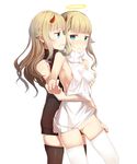  :3 absurdres ange_(princess_principal) arm_at_side bangs bare_shoulders black_legwear black_sweater blonde_hair blue_eyes blunt_bangs blush breast_grab breasts clenched_hand closed_mouth clothes_lift covered_nipples demon_horns fake_halo furrowed_eyebrows grabbing haapi_jang_p hair_in_mouth highres horns hug hug_from_behind long_hair looking_at_viewer medium_breasts meme_attire multiple_girls nipple_slip nipples princess_(princess_principal) princess_principal pussy pussy_juice sideways_mouth standing sweatdrop sweater sweater_lift tears thighhighs turtleneck turtleneck_sweater uncensored virgin_killer_sweater wavy_mouth white_legwear white_sweater yuri 