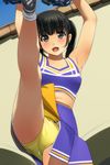  :d armpits arms_up bangs bare_legs black_hair blush breasts cheerleader collarbone day eyebrows_visible_through_hair green_eyes highres leg_up legs matsunaga_kouyou navel open_mouth original outdoors panties pom_pom_(clothes) purple_skirt short_hair short_twintails skirt sleeveless small_breasts smile socks solo standing standing_on_one_leg tareme twintails underwear upskirt wall white_legwear yellow_panties 