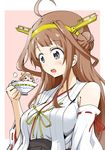  =_= absurdres ahoge black_eyes braid brown_hair cup detached_sleeves headgear hiei_(kantai_collection) highres japanese_clothes kantai_collection kongou_(kantai_collection) long_hair minigirl multiple_girls nontraditional_miko open_mouth sweatdrop takano_yuuya teacup towel towel_on_head wide_sleeves 