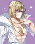  blonde_hair eyebrows_visible_through_hair fate_(series) grin hand_up high_collar highres jacket jewelry looking_at_viewer male_focus muscle necklace purple_background ring sakata_kintoki_(fate/grand_order) simple_background smile solo sunglasses tanaji upper_body v-shaped_eyebrows white_jacket 