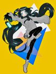  bad_id bad_pixiv_id black_gloves black_hair black_legwear blue_eyes blush boots bright_pupils full_body game_console gloves grey_footwear grey_skirt grey_sweater hair_bobbles hair_ornament highres long_hair long_sleeves looking_at_viewer lunch_(lunchicken) multicolored multicolored_background original pantyhose parted_lips skirt solo standing standing_on_one_leg sweater very_long_hair yellow_background 