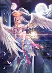  :d angel angel_wings bare_shoulders blann blush brown_hair collarbone commentary dress feathered_wings flying full_body full_moon hair_ornament halo long_hair looking_at_viewer male_focus moon night off-shoulder_dress off_shoulder open_mouth original pink_eyes smile solo star star_hair_ornament two_side_up white_dress wings 