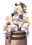  arm_support barrel belt black_gloves blonde_hair blue_eyes blue_shorts blush breasts brown_footwear can cola colt_m1873_(girls_frontline) cowboy_hat drinking electriccross eyebrows_visible_through_hair fur_trim girls_frontline gloves hat high_heels highres holding long_hair looking_at_viewer low_twintails medium_breasts midriff navel one_eye_closed partly_fingerless_gloves shirt short_shorts shorts simple_background single_thighhigh sitting solo star star_tattoo tattoo thighhighs tied_shirt twintails very_long_hair white_background white_legwear 