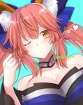  animal_ears aqua_background bangs bare_shoulders blue_dress blue_ribbon blush choker close-up closed_mouth dress dutch_angle eyebrows_visible_through_hair fate/extra fate/extra_ccc fate_(series) fox_ears hair_between_eyes hair_ribbon hand_up highres long_hair looking_at_viewer one_eye_closed pink_hair ribbon simple_background solo tamamo_(fate)_(all) tamamo_no_mae_(fate) tanaji twintails twitter_username upper_body white_choker yellow_eyes 