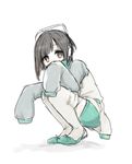  bob_cut headphones looking_at_viewer n03+ oversized_clothes short_hair shorts simple_background sleeves_past_fingers sleeves_past_wrists solo squatting thighhighs vocaloid white_background white_legwear yellow_eyes yumemi_nemu_(vocaloid) 