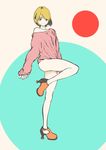  ass_visible_through_thighs bare_shoulders blonde_hair collarbone commentary_request copyright_request highres legs_up looking_at_viewer mori_taishi no_pants pink_sweater short_hair smile standing standing_on_one_leg sweater thighs yellow_eyes 