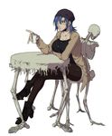  1girl ankle_boots beanie blue_hair boots breast_rest breasts cardigan casual chair crossed_legs cup eyepatch ganno hat highres human_furniture large_breasts miniskirt one-eyed pantyhose pinky_out red_eyes scar short_hair sitting skeleton skirt skullgirls solo table valentine_(skullgirls) 