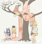  :d alternate_costume animal_ears backpack bag blonde_hair commentary common_raccoon_(kemono_friends) fang fennec_(kemono_friends) fox_ears fur_trim green_hair grey_hair hat hat_feather helmet highres in_tree kaban_(kemono_friends) kasa_list kemono_friends kneeling knitting knitting_needle multicolored_hair multiple_girls needle open_mouth oversized_object pants pith_helmet raccoon_ears scarf serval_(kemono_friends) serval_ears serval_tail short_hair sitting sitting_in_tree skirt smile tail tiptoes tree v-shaped_eyebrows winter_clothes yarn yarn_ball 