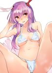  :d animal_ears asuzemu bangs bare_arms bare_shoulders bikini blush breasts brown_eyes bunny_ears commentary_request eyebrows_visible_through_hair foreshortening hairband hand_in_hair hand_up long_hair looking_at_viewer medium_breasts micro_bikini navel nose_blush open_mouth purple_hair reisen_udongein_inaba shiny shiny_hair sidelocks simple_background sitting smile solo stomach sweat swimsuit thighs touhou underboob white_background white_bikini 