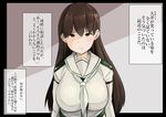  arms_at_sides bangs black_border border breasts brown_eyes brown_hair closed_mouth commentary_request frown furrowed_eyebrows highres kantai_collection large_breasts long_hair looking_at_viewer loose_neckwear narrowed_eyes neckerchief ooi_(kantai_collection) outside_border remodel_(kantai_collection) ryuun_(stiil) sagging_breasts sailor_collar school_uniform serafuku shirt simple_background solo translated upper_body white_neckwear white_sailor_collar white_shirt 