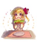  absurdres bangs blonde_hair blush eyebrows_visible_through_hair fang flandre_scarlet food hair_between_eyes hair_ornament highres holding holding_food looking_at_viewer mozu_1oo open_mouth plate red_eyes sandwich sitting solo sparkle table touhou white_background 