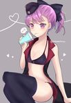  :3 arm_support bangs bare_arms bare_shoulders bikini black_bikini black_bow black_legwear blush bow closed_mouth eyebrows_visible_through_hair fate/grand_order fate_(series) flat_chest garrison_cap hair_bow hat heart helena_blavatsky_(fate/grand_order) helena_blavatsky_(swimsuit_archer)_(fate) highres looking_at_viewer mini_hat musical_note ponytail purple_eyes purple_hair sipping sitting smile solo spoken_musical_note swimsuit tanaji thighhighs v-shaped_eyebrows 