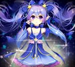  blue_bow blue_choker blue_dress blue_gloves blue_hair bow choker collarbone detached_sleeves dress eyebrows_visible_through_hair fingerless_gloves floating_hair gloves hair_between_eyes hair_bow hair_ornament hatsune_miku highres long_hair looking_at_viewer motsuni_(lxxe1120) purple_eyes ribbon_choker short_dress sleeveless sleeveless_dress solo standing star star_hair_ornament striped striped_bow twintails very_long_hair vocaloid yuki_miku 