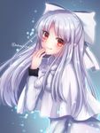  :3 :q bangs blue_background blush capelet dress eyebrows_visible_through_hair hair_ribbon hand_up highres leaning_forward looking_at_viewer pointy_ears pom_pom_(clothes) red_eyes ribbon silver_hair simple_background smile solo tanaji tongue tongue_out tsukihime twitter_username white_capelet white_dress white_len white_ribbon 