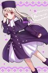  boots closed_mouth coat copyright_name dutch_angle eyebrows_visible_through_hair fate/stay_night fate_(series) feet_out_of_frame frilled_skirt frills hat highres illyasviel_von_einzbern legs_apart long_hair long_sleeves looking_at_viewer purple_coat purple_footwear red_eyes scarf silver_hair skirt smile solo standing tanaji twitter_username white_scarf white_skirt 