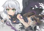  bandaged_arm bandages bare_shoulders black_legwear black_panties breasts cleavage commentary_request fate/apocrypha fate/grand_order fate_(series) gloves green_eyes jack_the_ripper_(fate/apocrypha) looking_at_viewer panties scar short_hair silver_hair small_breasts solo thighhighs underwear weapon xly_97 