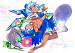  :d absurdres bangs bare_legs barefoot blue_bow blue_dress blue_eyes blue_hair bow cirno dark_skin dress eyebrows_visible_through_hair flower foreshortening hair_bow highres ice looking_at_viewer mozu_1oo open_mouth short_hair short_sleeves smile solo space_print starry_sky_print sunflower tan tanned_cirno touhou 