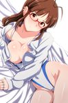  akizuki_ritsuko antenna_hair bed_sheet blush breasts brown_eyes brown_hair cleavage collarbone collared_shirt commentary_request covered_navel dutch_angle ear_piercing eyebrows_visible_through_hair glasses groin highleg highleg_swimsuit highres idolmaster idolmaster_(classic) jewelry legs_together long_hair looking_at_viewer lying medium_breasts on_side one-piece_swimsuit open_clothes open_shirt piercing red-framed_eyewear ring shiny shiny_hair shiny_skin shirt simple_background solo swimsuit swimsuit_pull tengu_(tetuo_kun) thighs white_background white_shirt white_swimsuit 
