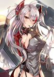  azur_lane bangs blush breasts brown_eyes closed_mouth commentary_request cowboy_shot garter_straps grey_hair hand_up highlights large_breasts long_hair looking_at_viewer military military_uniform mole mole_on_breast multicolored_hair prinz_eugen_(azur_lane) red_hair rigging sideboob smile solo twitter_username two_side_up uniform wavy_hair xephonia 