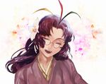  :d antenna_hair closed_eyes facing_viewer flower glasses hair_flower hair_ornament itsuhana japanese_clothes kimono long_hair open_mouth ore_no_shikabane_wo_koete_yuke purple_hair purple_kimono smile solo yaku_(ziroken) 