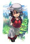  :d backpack bag bangs black_gloves black_hair black_legwear blue_sky brown_eyes commentary_request cropped_legs day gloves grass grey_hat grey_shorts hair_between_eyes hat hat_feather helmet highres kaban_(kemono_friends) kemono_friends long_hair looking_at_viewer mozu_1oo open_mouth outdoors pantyhose pith_helmet red_shirt shirt short_hair shorts sky smile solo standing 