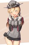  ^_^ ^o^ black_skirt blonde_hair blush breast_squeeze breasts closed_eyes gloves hair_between_eyes hat kantai_collection large_breasts long_hair long_sleeves low_twintails maku_ro microskirt military military_uniform miniskirt open_mouth peaked_cap pleated_skirt prinz_eugen_(kantai_collection) skirt smile solo thigh_gap twintails uniform white_gloves 