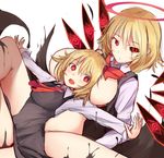  black_dress black_sclera blonde_hair bow breasts commentary dress dual_persona ex-rumia halo highres large_breasts long_sleeves looking_at_viewer multiple_girls open_mouth outstretched_arms red_bow red_eyes red_neckwear red_ribbon ribbon rumia short_hair touhou uchisukui 